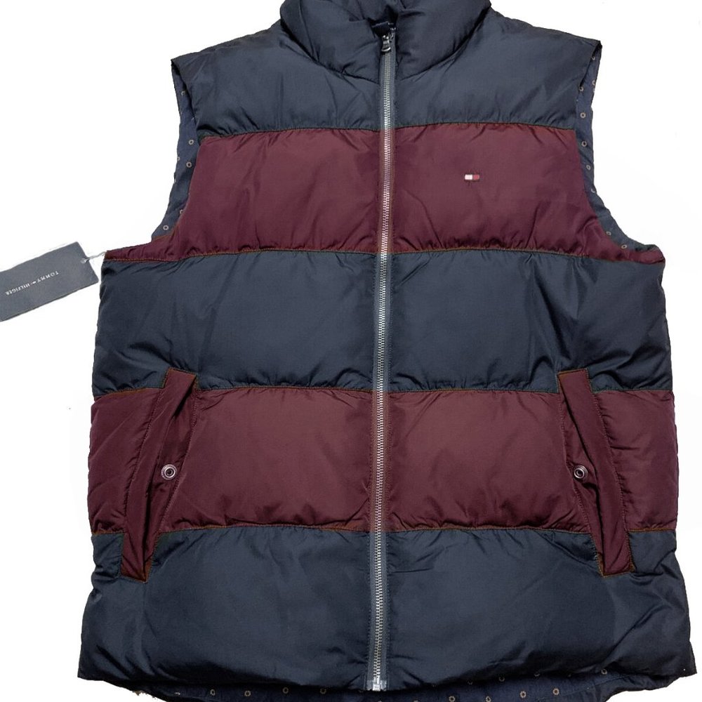NEW $169 Tommy Hilfiger Down Puffer Vest! L  Purple & Navy Stripe  Floral Lining